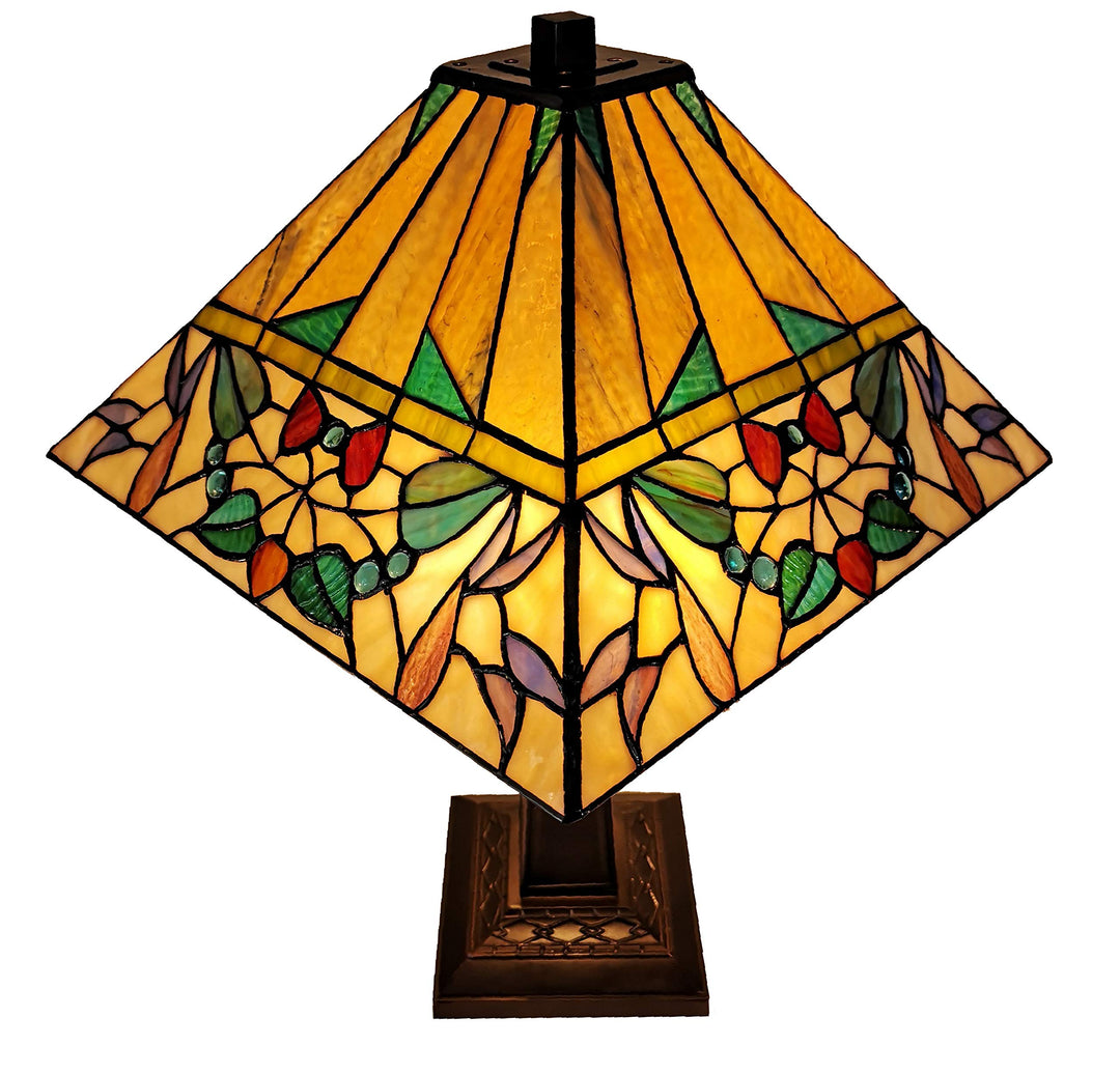 Tiffany Style Table Lamp Banker Mission 22" Tall Stained Glass Tan Green