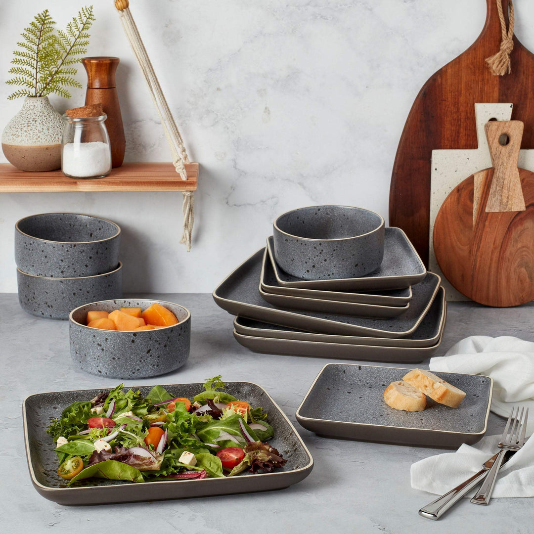 Tabletops Gallery 12pc Grey Square Dinnerware Set Solid Casual Stoneware 12