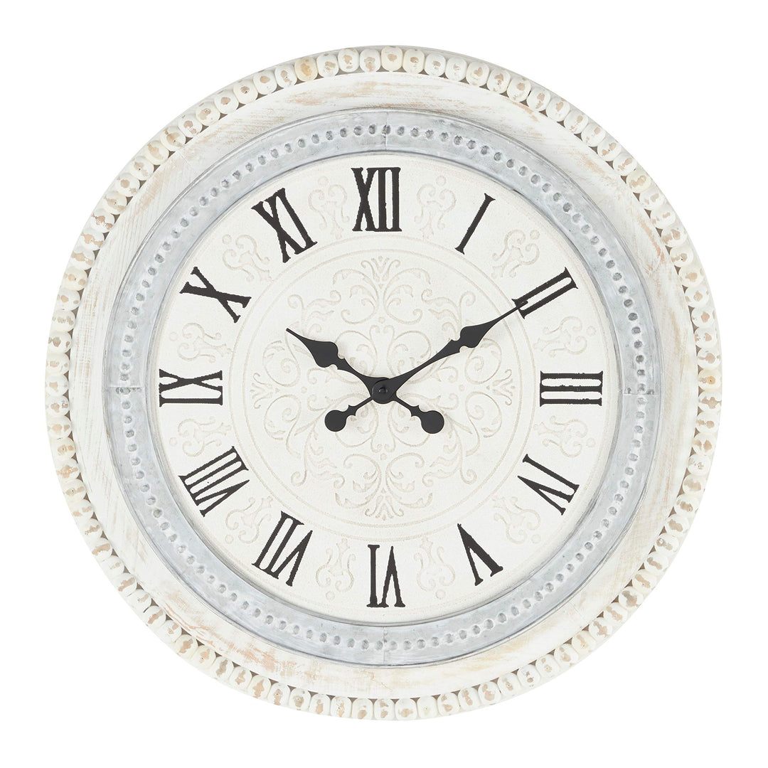 Round Distressed White and Grey Wood Wall Clock with Beaded Textured Rim " X