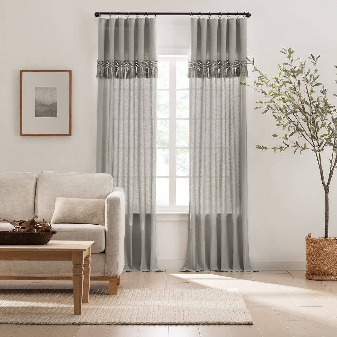 Mercantile Lucinda Light Filtering Window Curtain with Attached Knotted Fringe 84 Inches - Grey