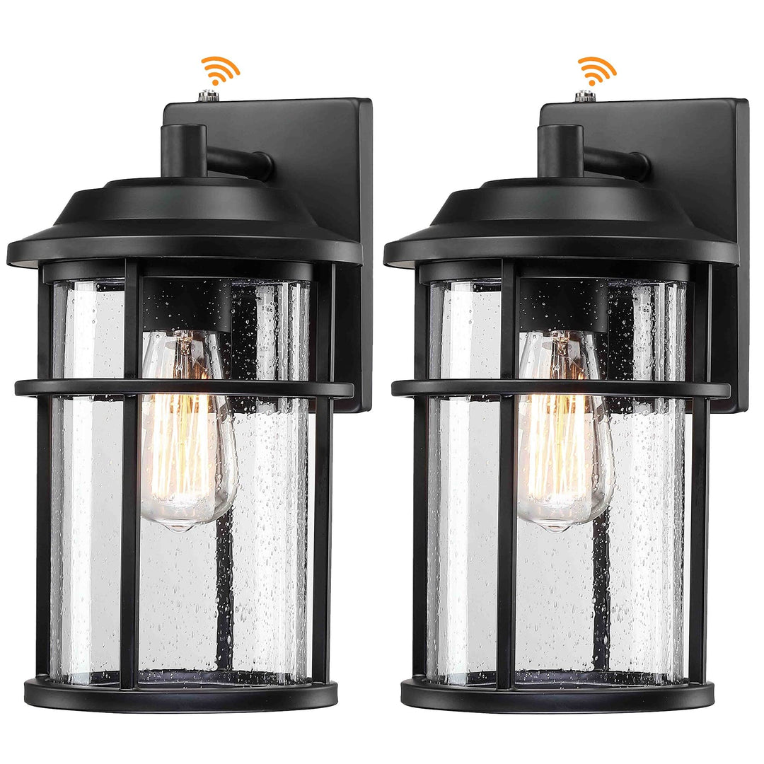 2 Pack 1-Light Seeded Glass Outdoor Wall Lantern with Dusk to Dawn atte Black