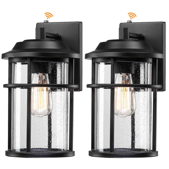 2 Pack 1-Light Seeded Glass Outdoor Wall Lantern with Dusk to Dawn atte Black