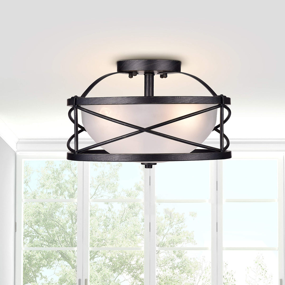 3-Light Antique Black Finish Opal Glass Shade Semi-Flush Mount Chandelier -