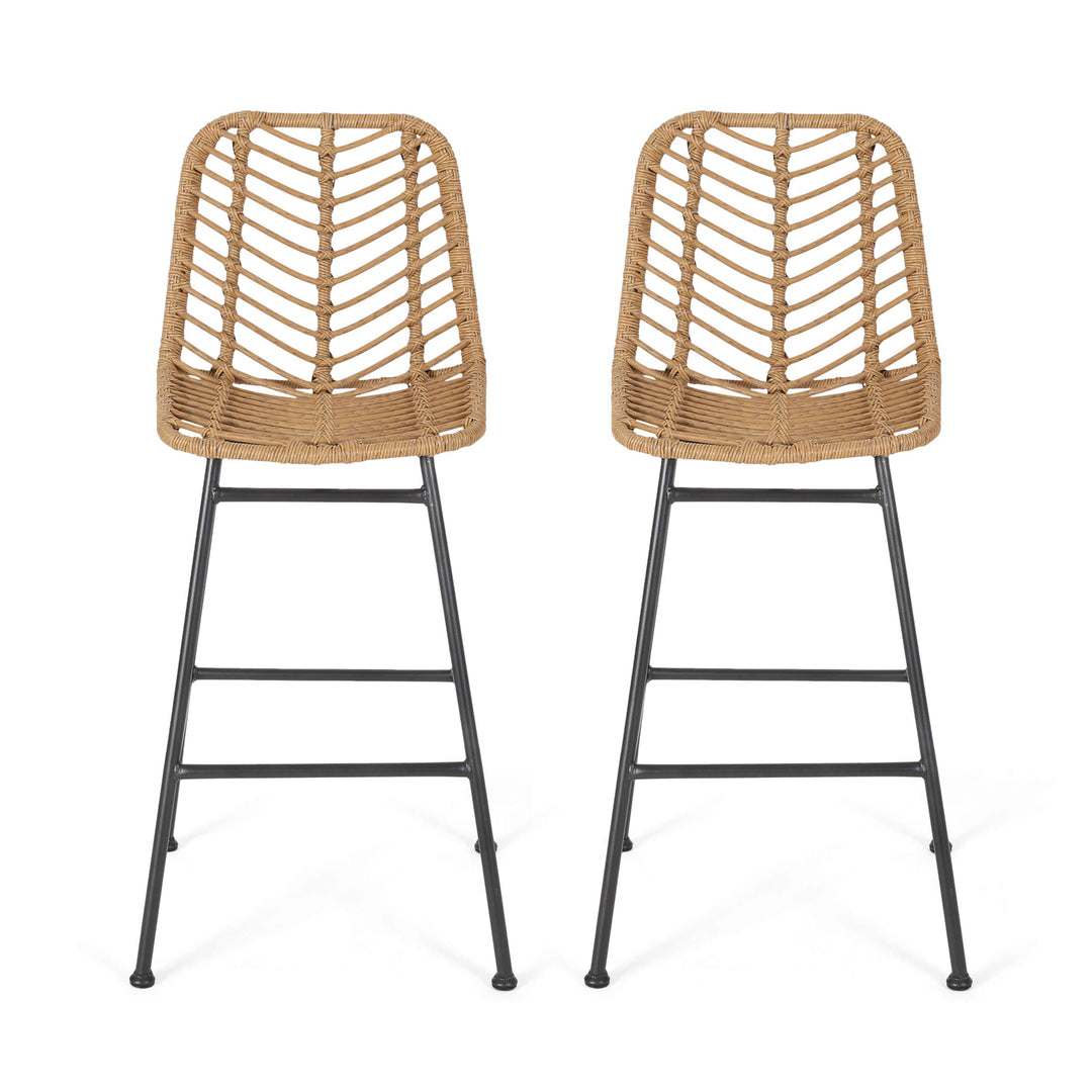 GDFStudio Outdoor Wicker Barstools (Set of 2) Light Brown and Black Light Brown+Black