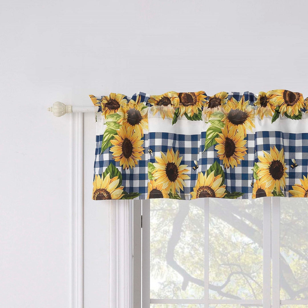 Sunflower Gingham Check Valance Gold Navy White Floral Bohemian Eclectic