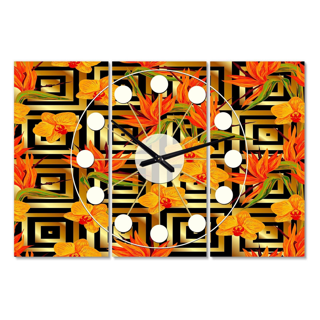 Tropcal Gold Luxury Pattern I' Overszed Md-Century Wall Clock 3 Panels 36