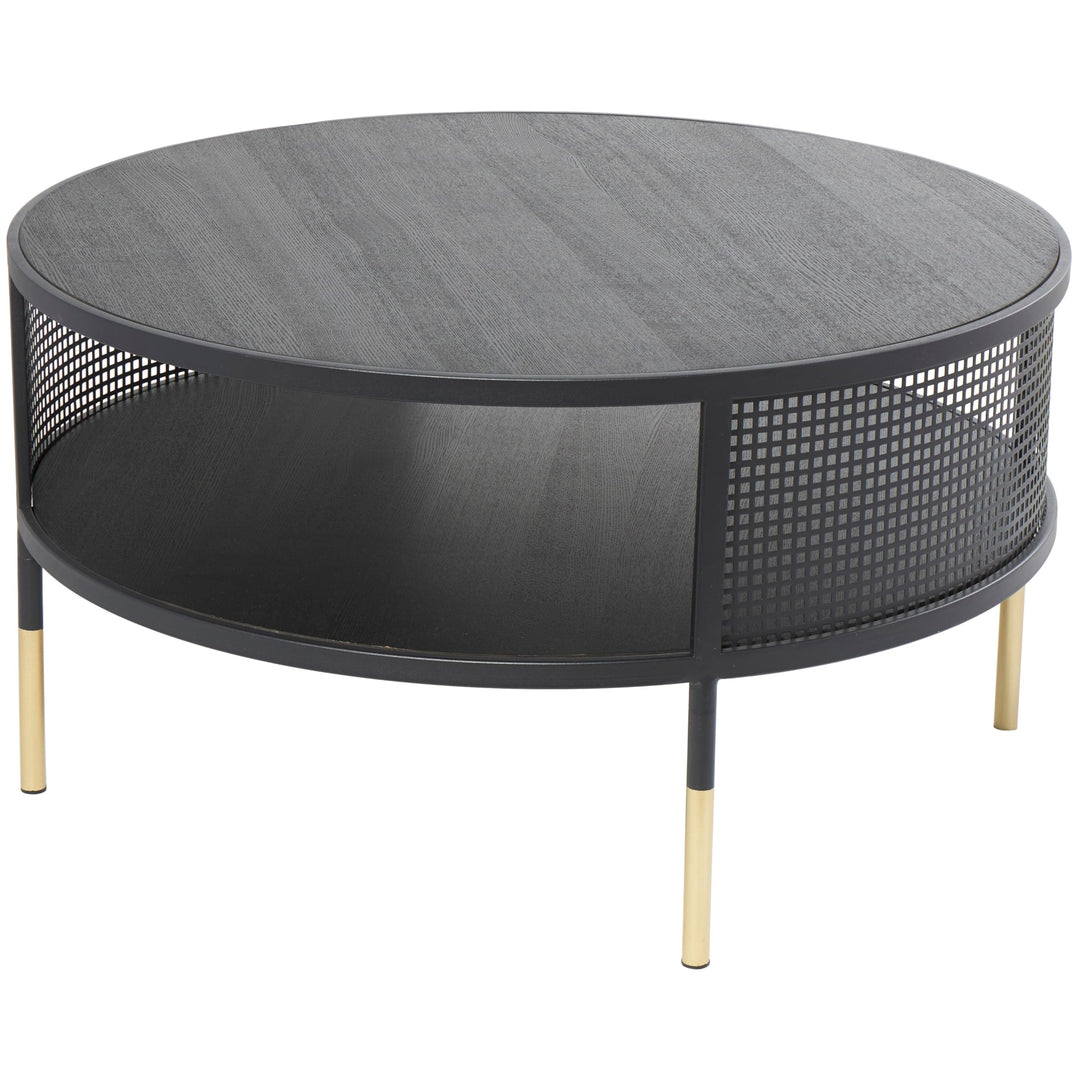 Black Metal Open Grid Frame 1 Shelf Coffee Table with Gold Legs Modern