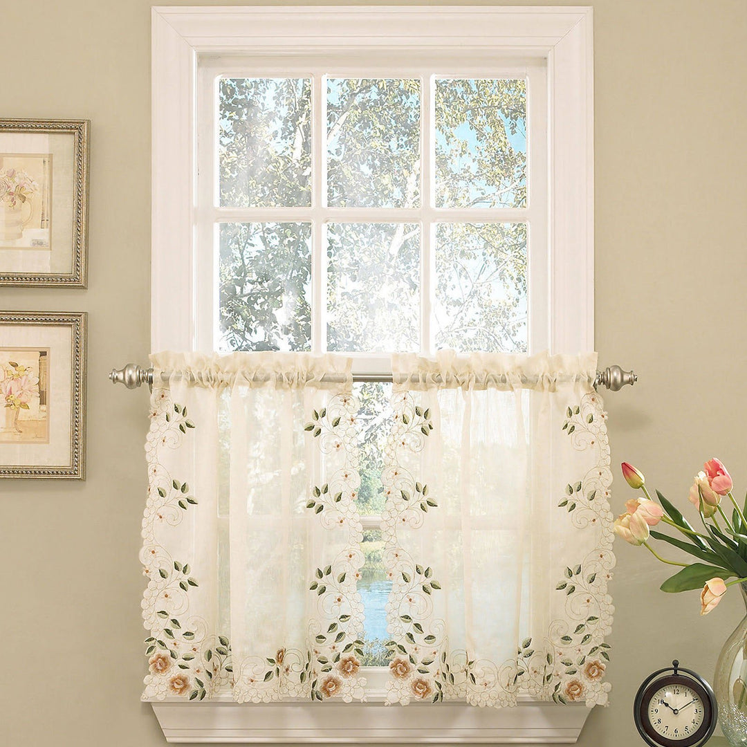 Anzy Flal Embroidered Semi-Sheer Linen Kitchen Curtain Choice Tier Valance tier pair 58 x 24