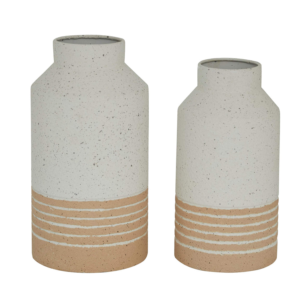 Round White Metal Textured Vase with Beige Striped Base Set of 2 11" " 6 X