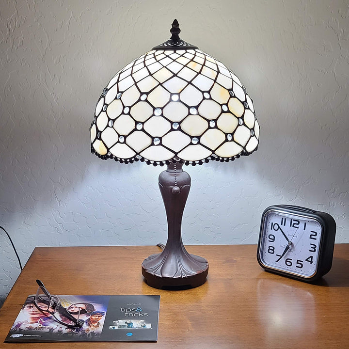 Tiffany Style Table Lamp Banker Jeweled Beaded 19" Tall Stained Glass White