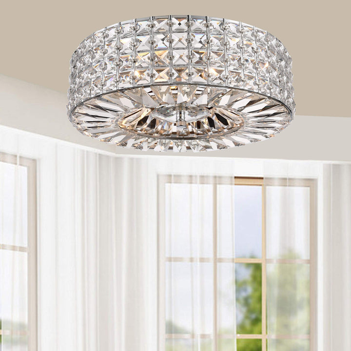 Chrome Finish 3-Light Crystal and Prism Round Flush Mount - Clear Modern