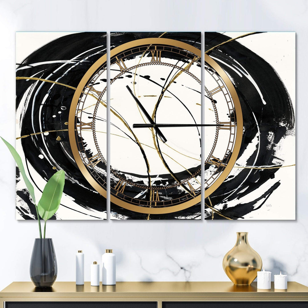 Gold Metallic Circle' Glam 3 anels Oversized Wall Clock 36 in. Wide X 28 High