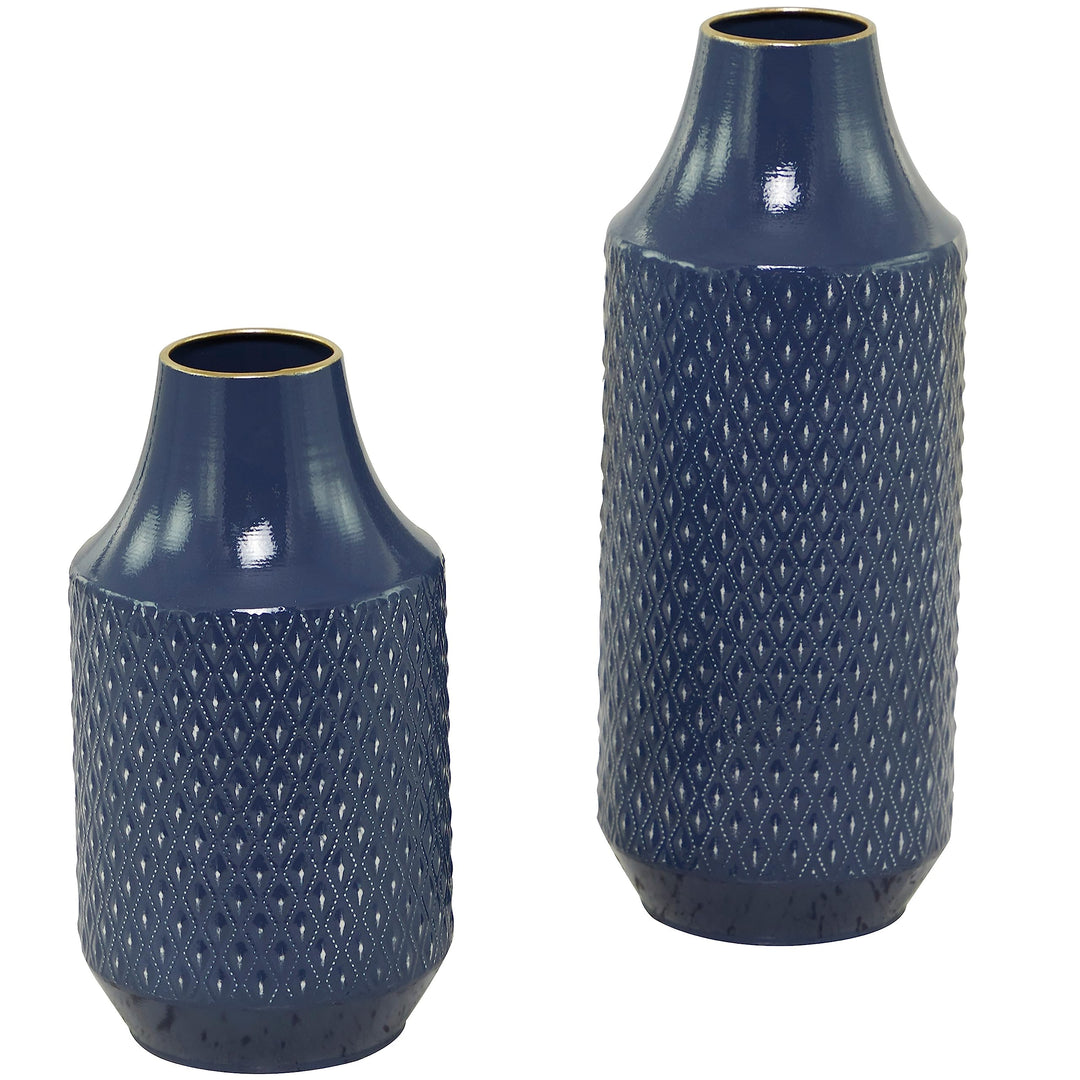 Blue Metal Diamond Embossed Exterior Vase 6.20w X 6.15l 15.65h Modern