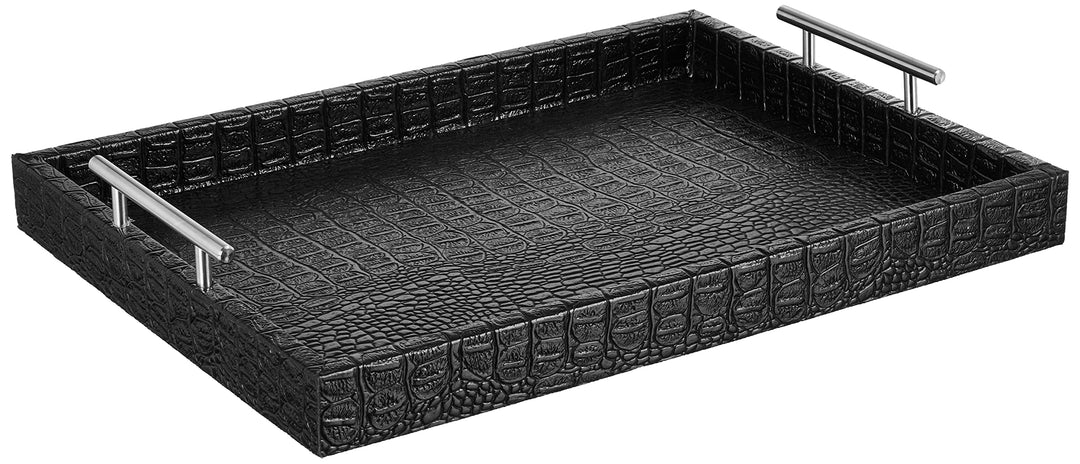 American Atelier Alligator Leather Serving Tray with Metal Handles Black Large