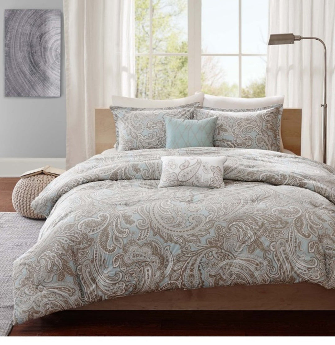 5 Piece Paisley Floral All Over Pattern Comforter Set Cal King Size Featuring Blue - King