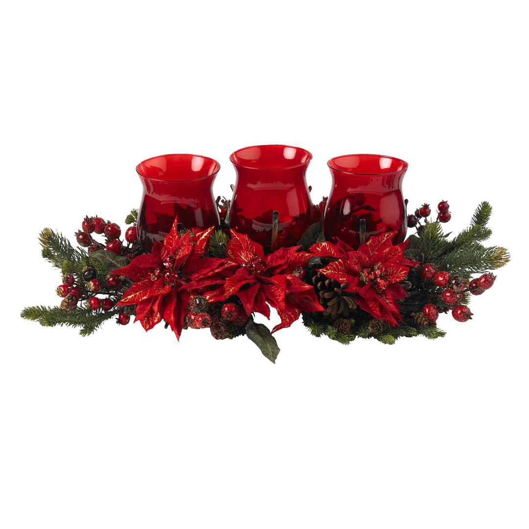 Nearly Natural Poinsettia & Berry Triple Candleabrum