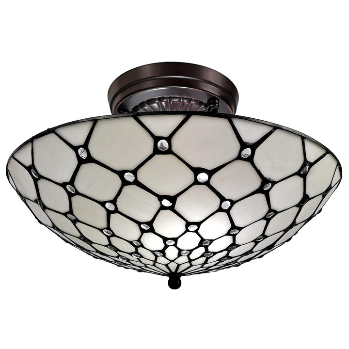 Tiffany Style Ceiling Fixture Lamp Jeweled 16" Wide 2 Light Stained Glass White