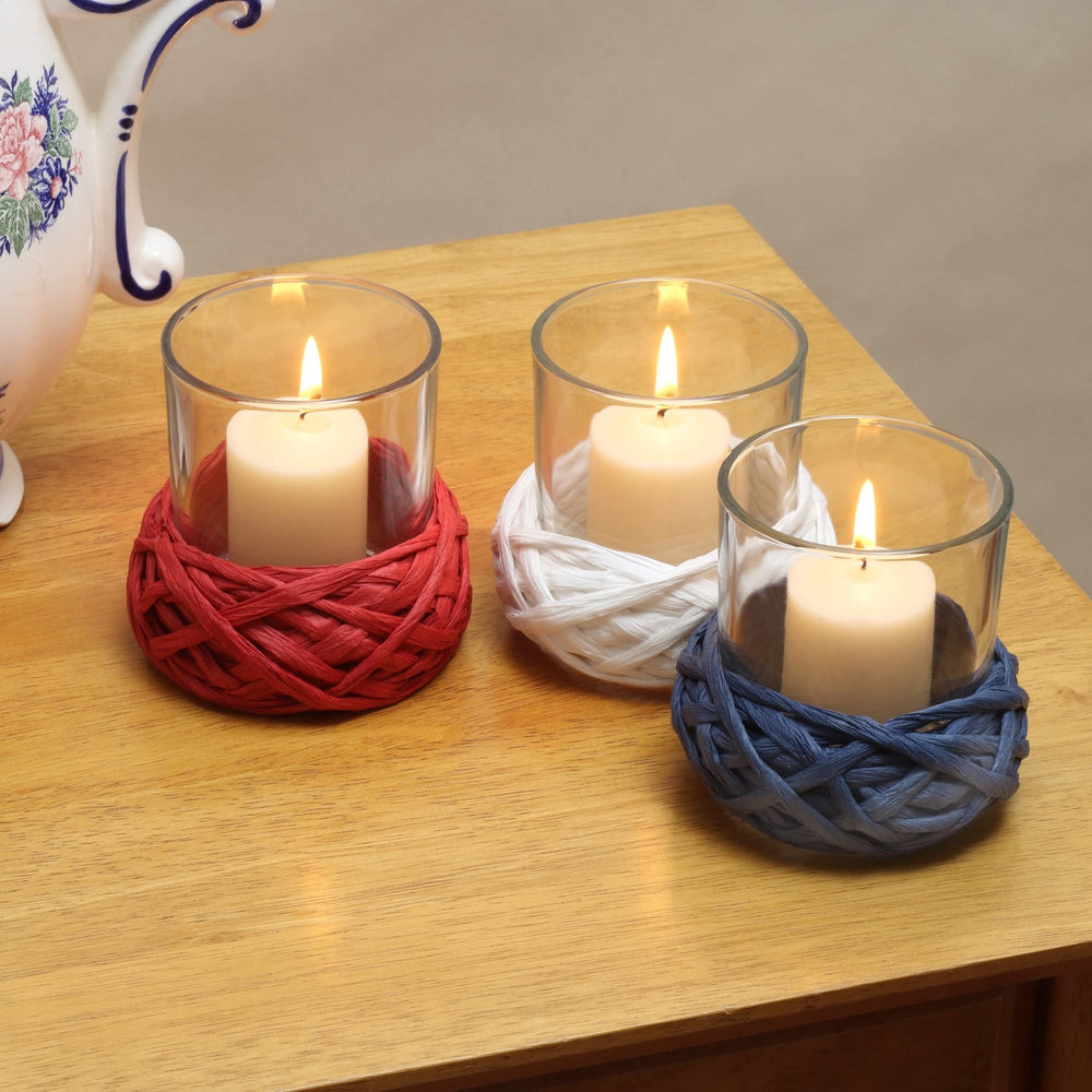 3.5" Red White Blue Candle Holder Set 3.5 in Traditional Glass Handmade - Diamond Home USA