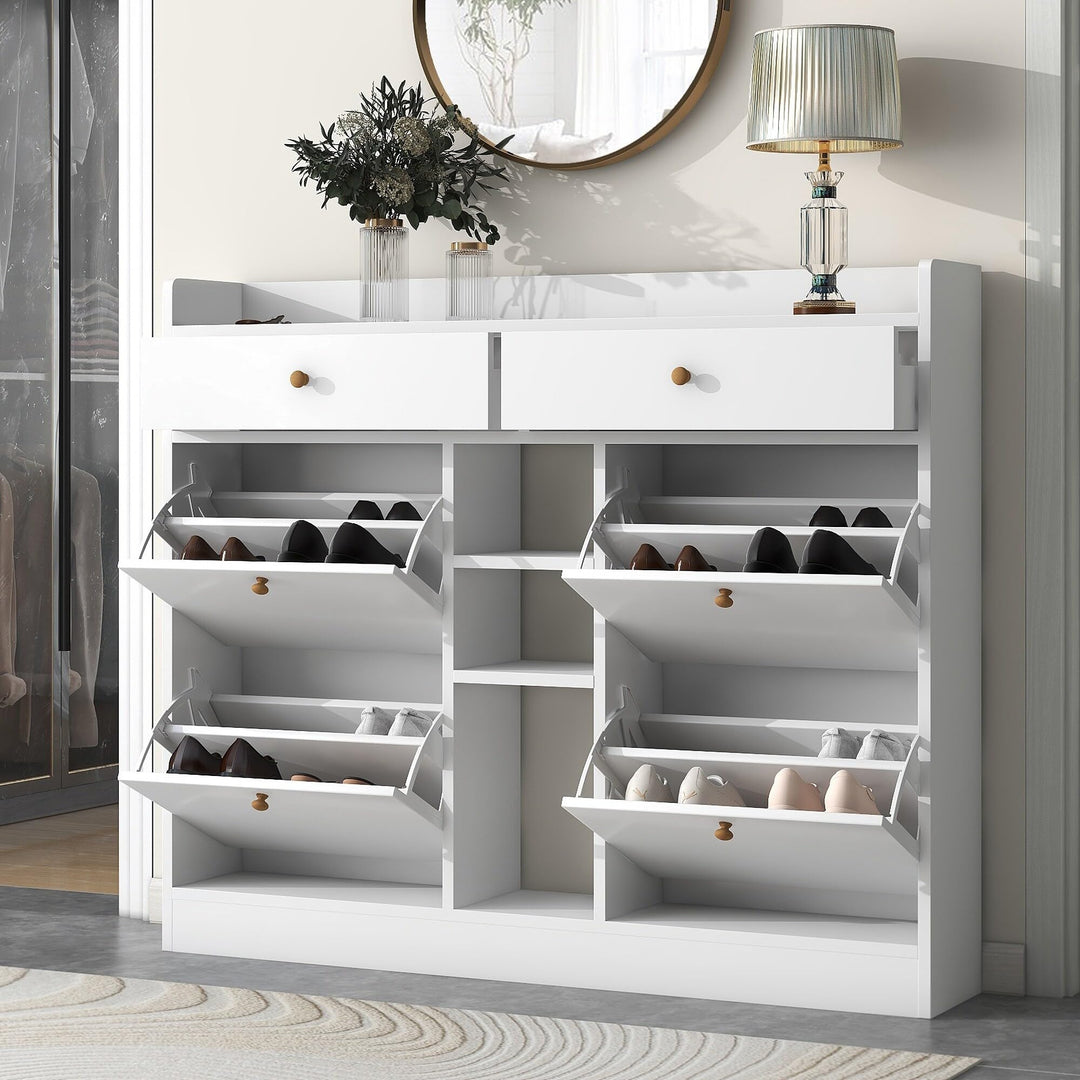 2-Tier Shoe Rack Cabinet with 4 Flip Drawers White Free Standing Storage - Diamond Home USA