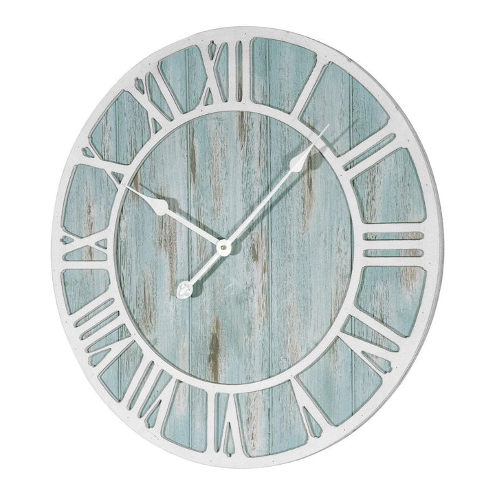 23.5-inch Round Blue Quartz Coastal Wall Clock Beach Nautical Metal Plastic Wood - Diamond Home USA