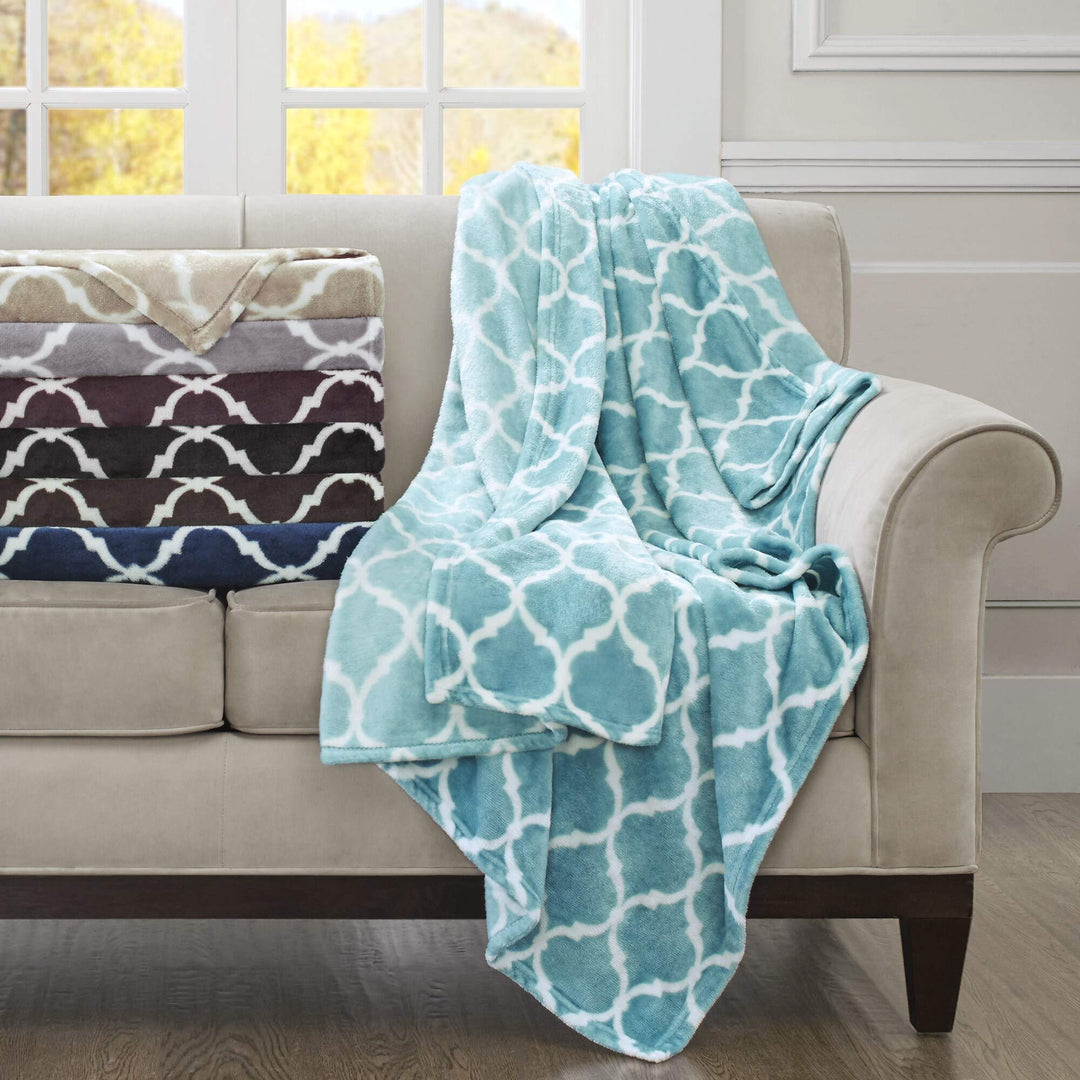 Aqua Blue Ogee Blanket Morrocan Throw Oversized Geometrical attern Super Soft