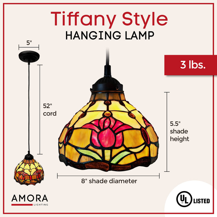 Amora Tiffany Hanging Lamp -8” Stained Glass Hanging Light Fixture with Red - Diamond Home USA