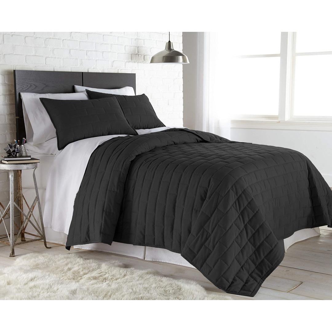 Black Luxury Microfiber Quilt Set Cali King Lightweight Oversized Bedding Black - King - Cal King