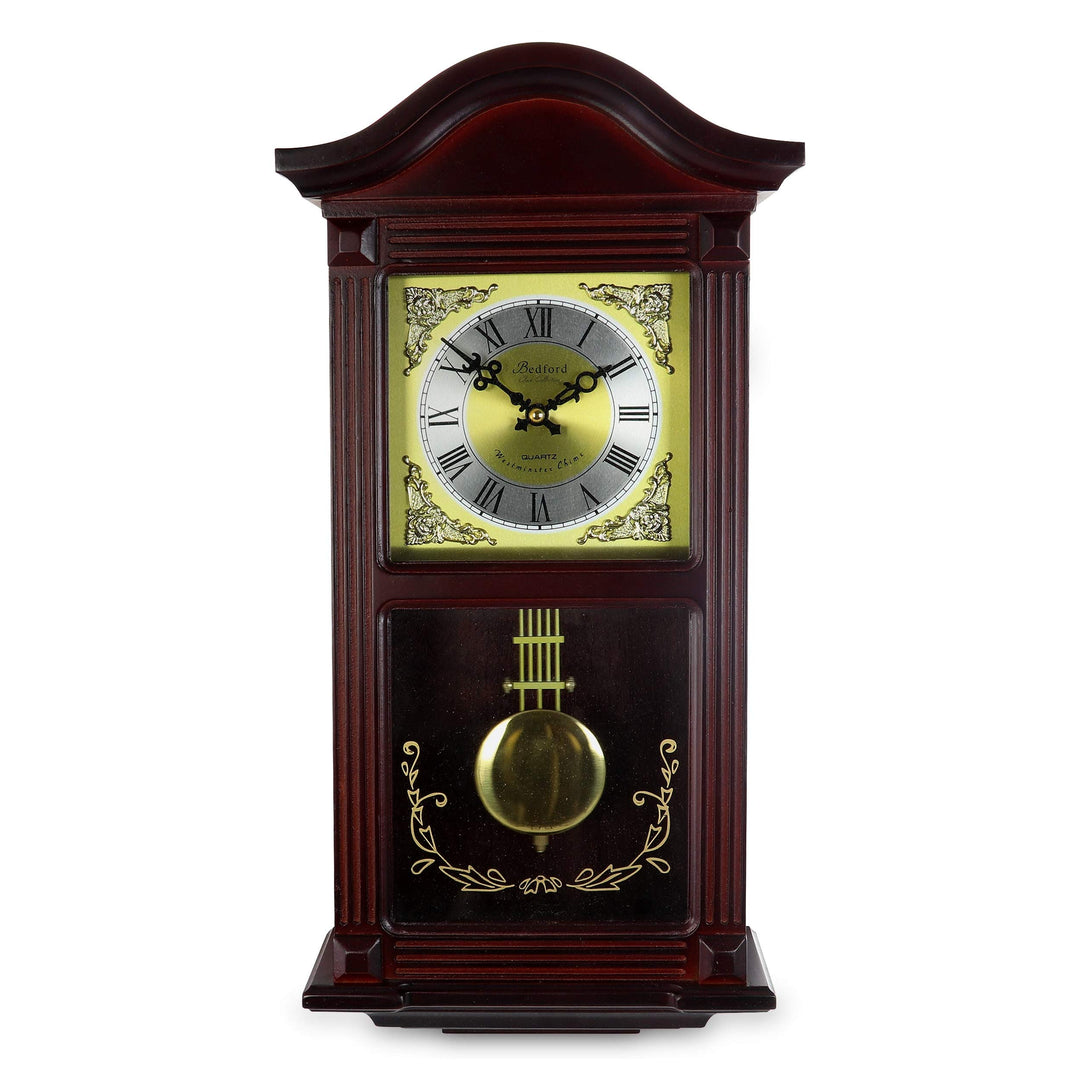 Decorative Wall Clock with Pendulum in Cherry Brown Rectangular Wood Finish