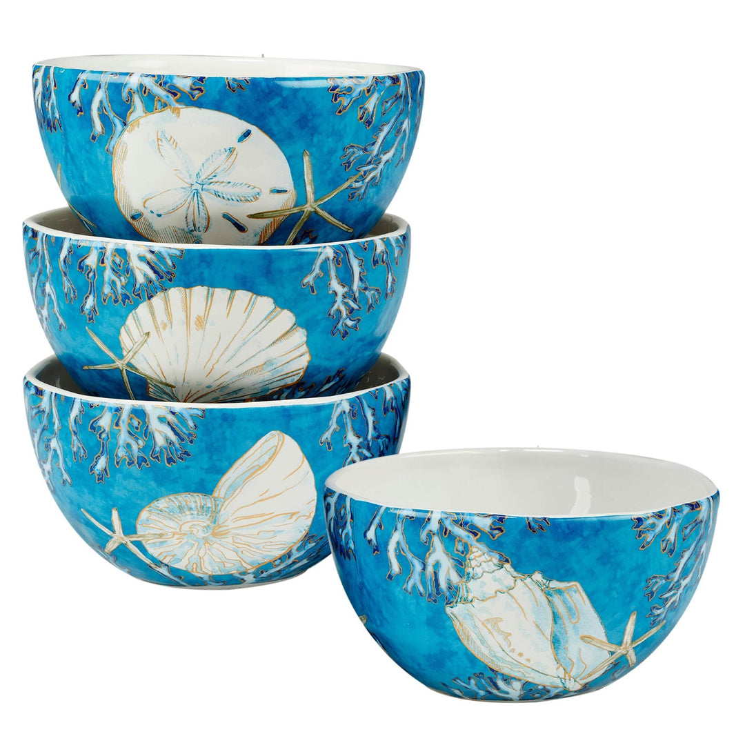 Shells 26 Oz. Ice Cream/Dessert Bowls Set of 4 Blue Gold White Coastal Casual