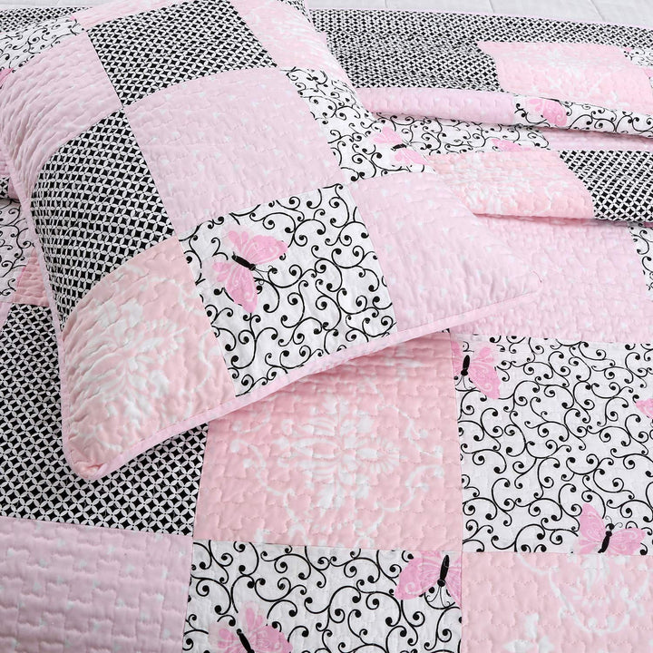 Finely Stitched Princess Pink Girls Farmhouse Patchwork Cotton Quilt Set - White King