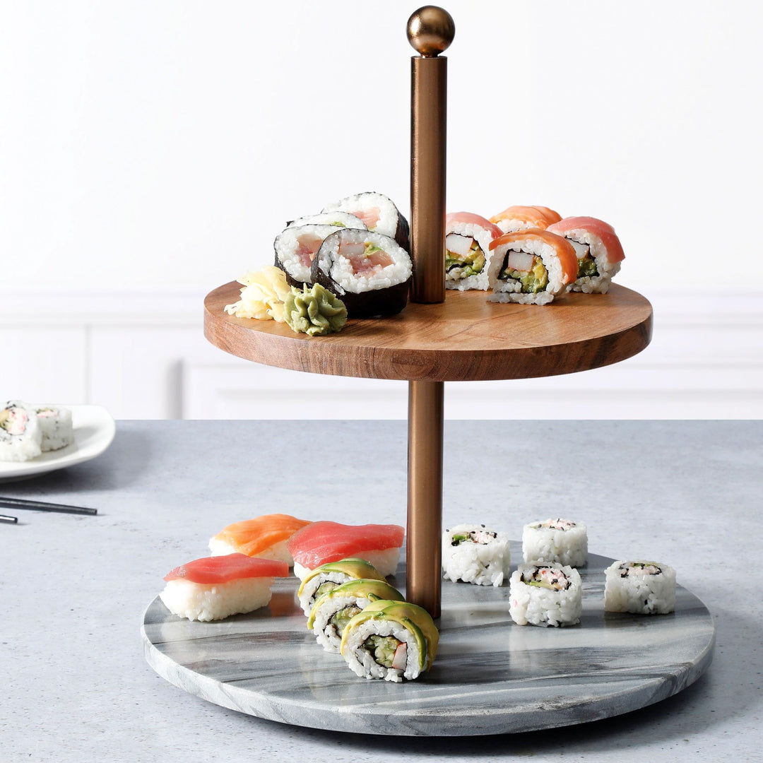 Gates California Designs Marble and Acacia Wood 2 Tier Server Grey Round