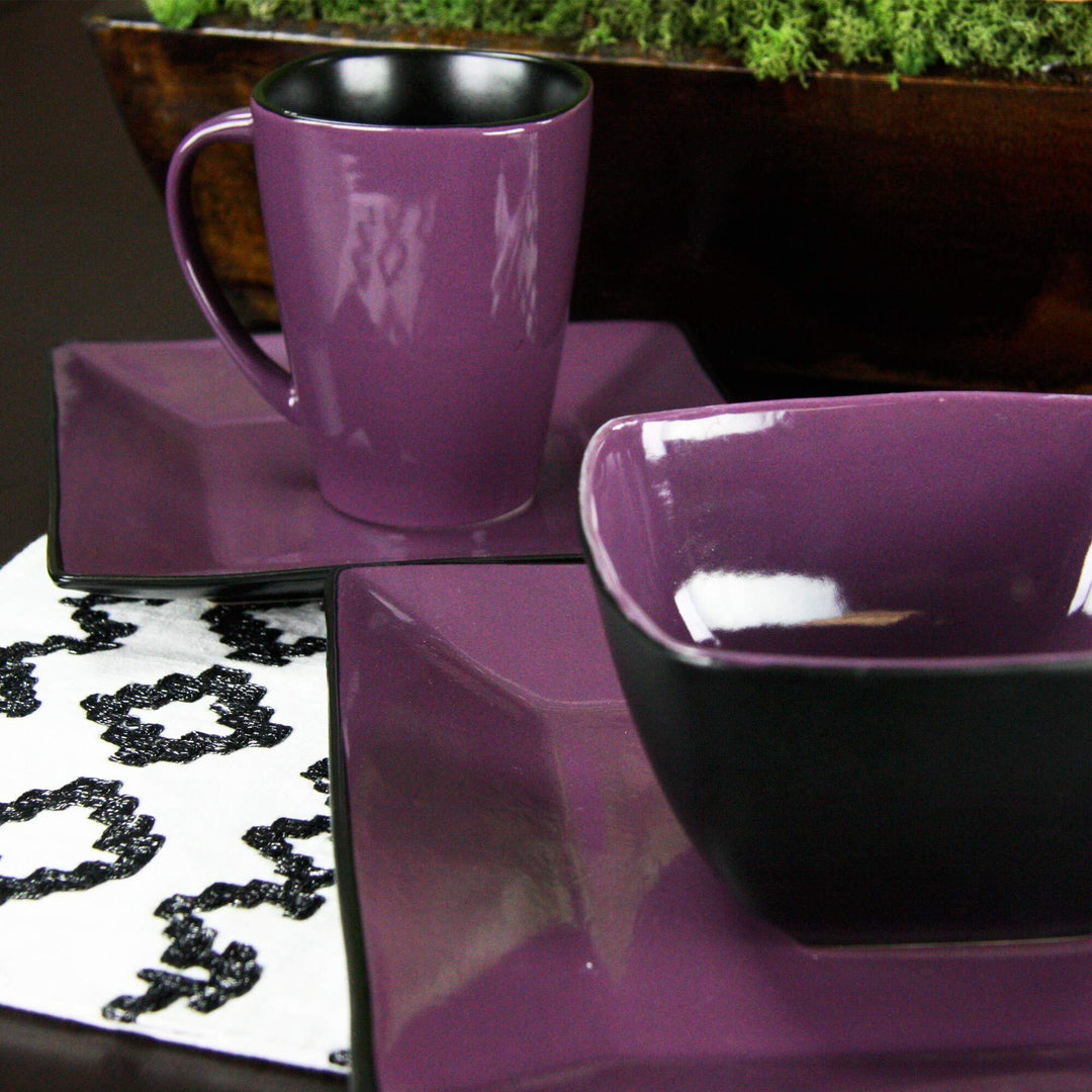 16-Piece Premium Stoneware Dinnerware Set (Service for 4) Black Purple Geometric - Diamond Home USA