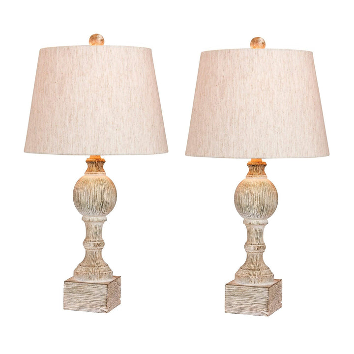 Pair of 26.5 in. Distressed Sculpted Column Resin Table Lamps in A Cottage