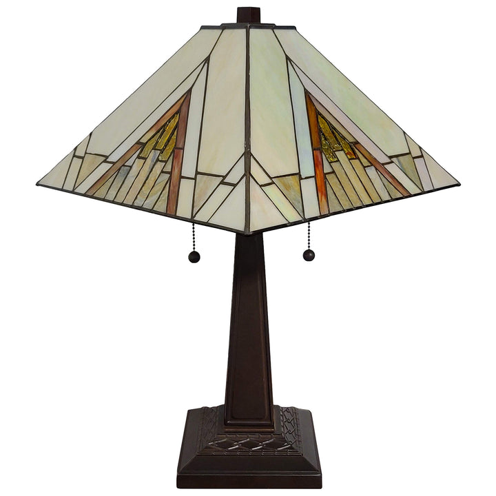 Tiffany Style Table Lamp Banker Mission 23" Tall Stained Glass Tan Brown Vintage