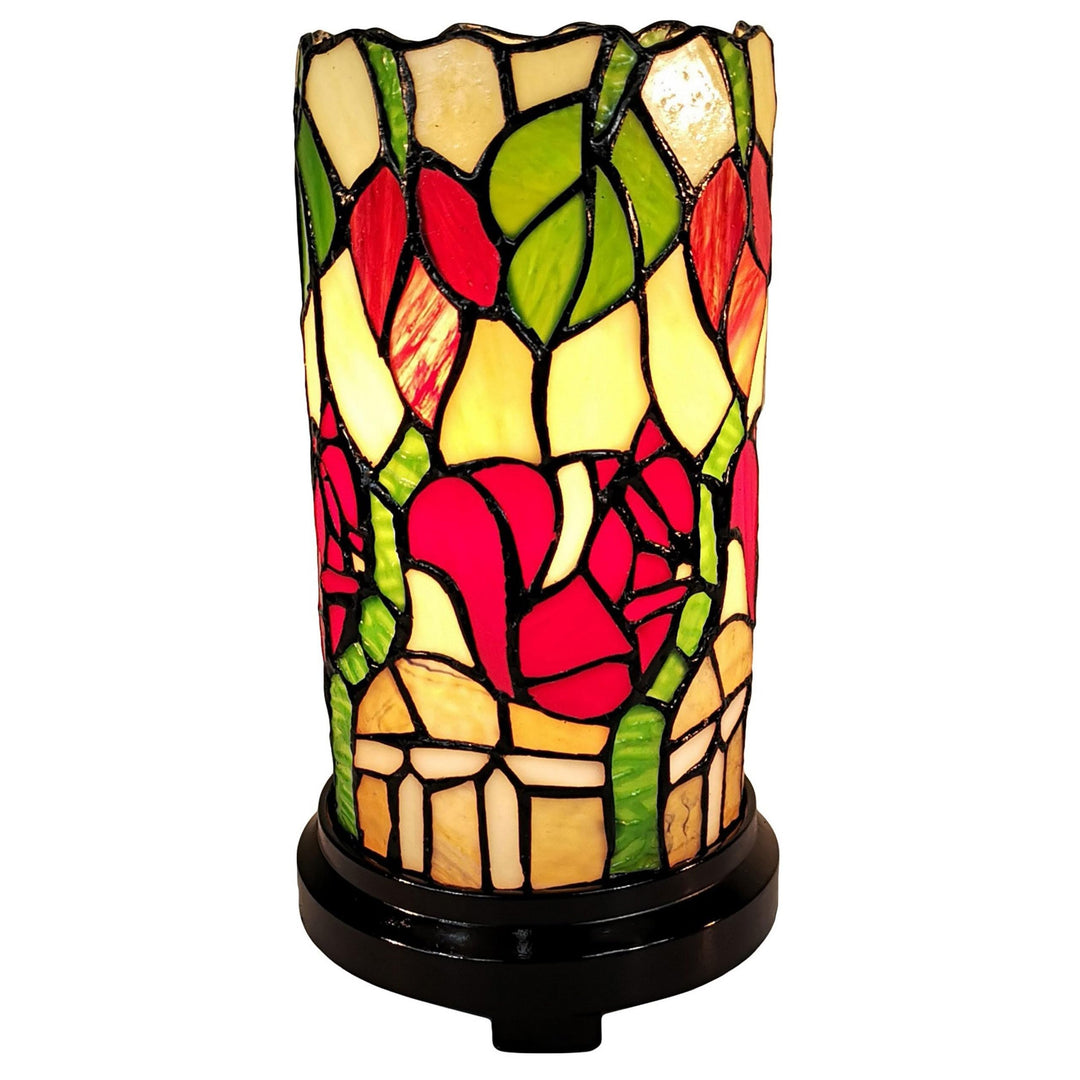 Tiffany Style Accent Lamp 10" Tall Stained Glass White Yellow Dragonfly Rose