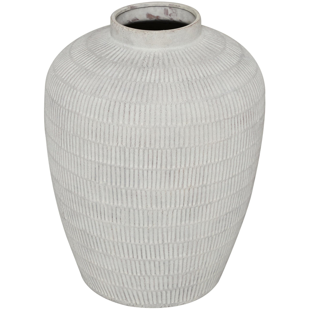 Cream Ceramic Textured Vase with Linear Pattern Off/White