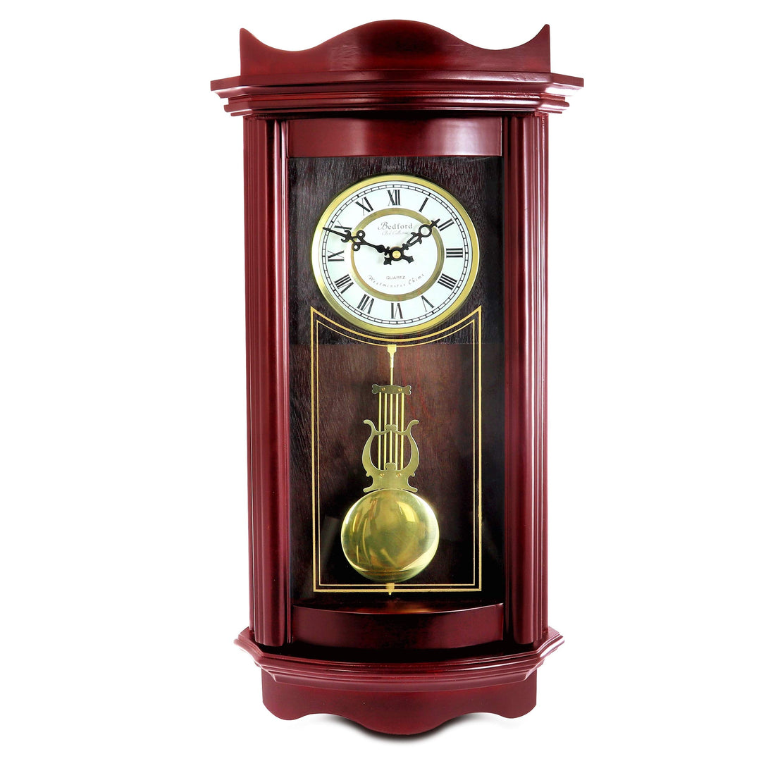 Decorative Wall Clock with Pendulum in Cherry Red Rectangular Wood Finish