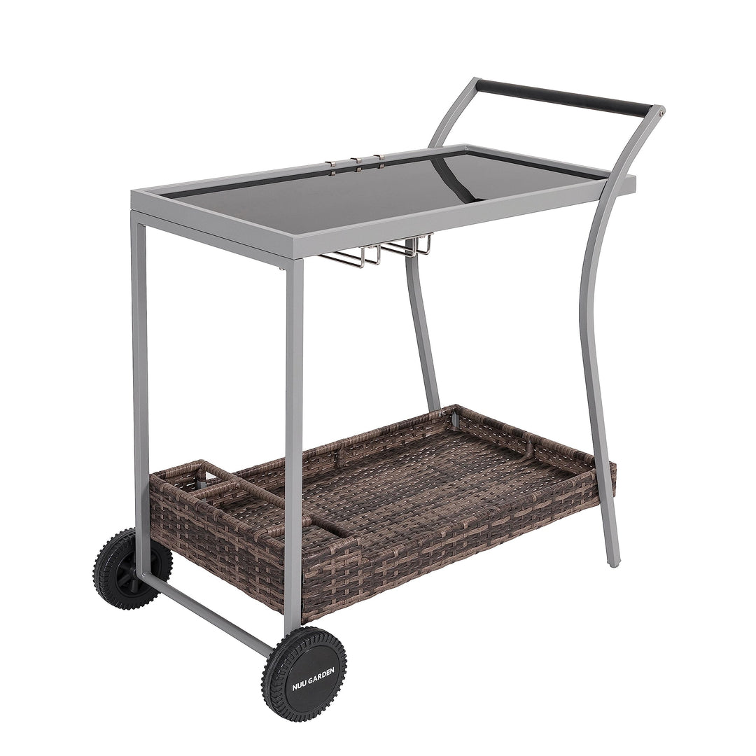 Outdoor 2-Tier Wicker Bar Cart On Wheels with Tempered Glass Board Grey