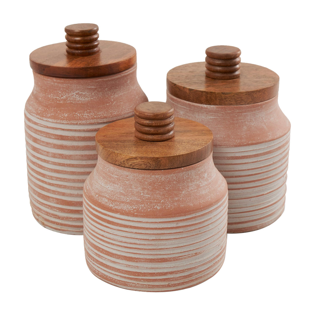 Light Brown Ceramic Decorative Jars With Wood Lids (Set Of 3)