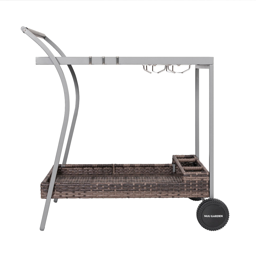 Outdoor 2-Tier Wicker Bar Cart On Wheels with Tempered Glass Board Grey