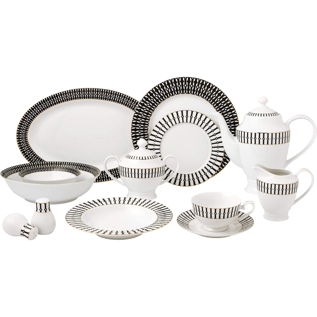 57 Piece Black and White Dinnerware Set-New Bone China Service for 8 People