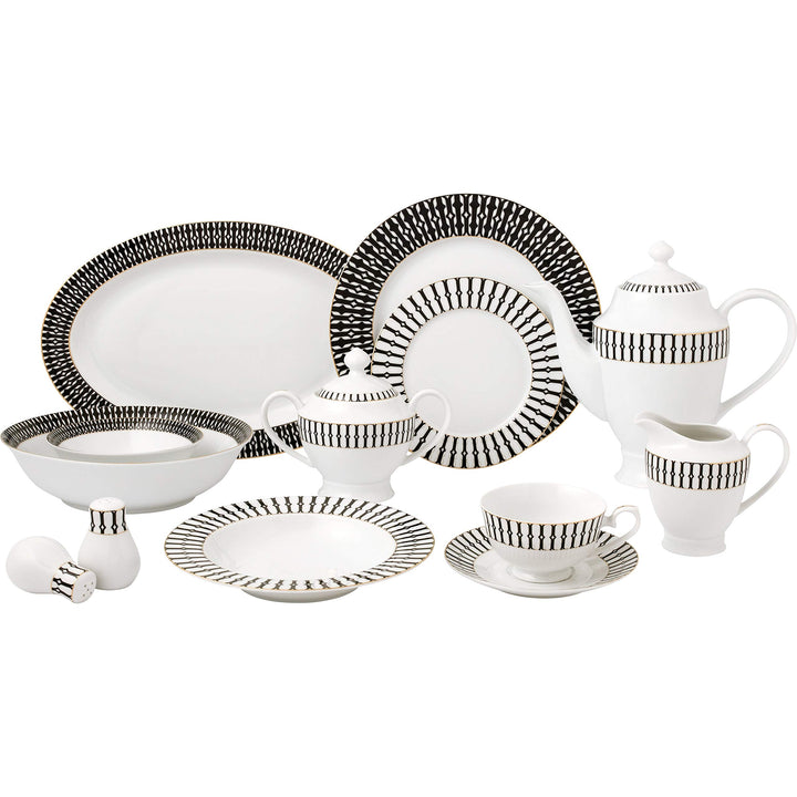 57 Piece Black and White Dinnerware Set-New Bone China Service for 8 People