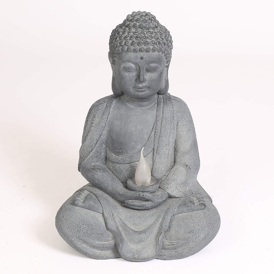 Meditating Buddha Garden Statue with Solar Light Grey Oriental Polyresin Bulbs