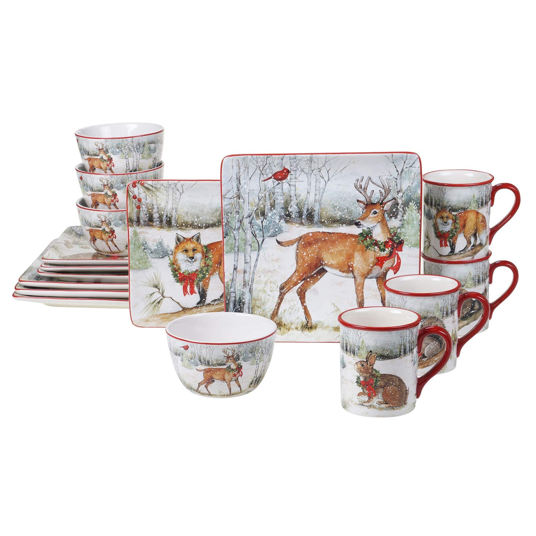 Winter Forest 16-Piece Dinnerware Set Service for 4 Brown Green Multi Color