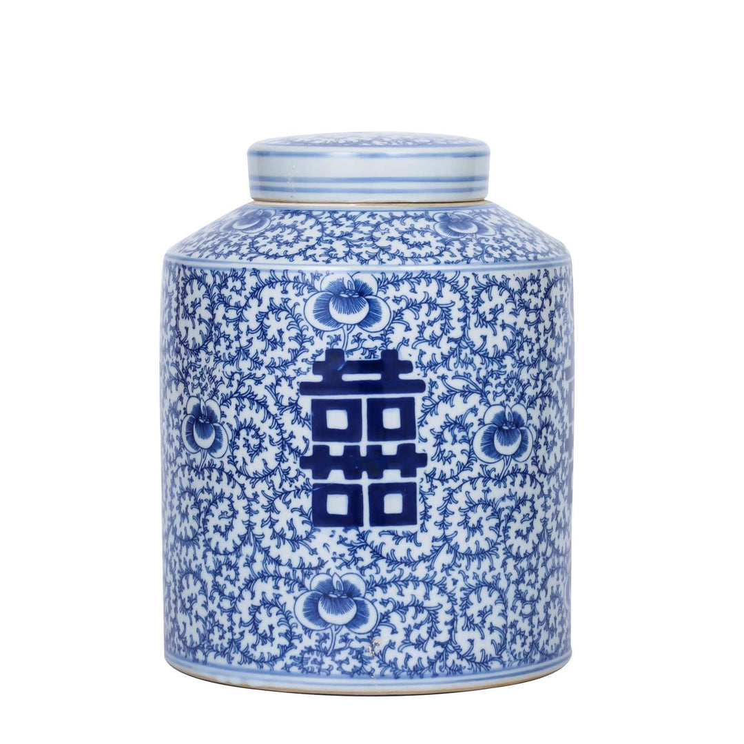 Blue And White Blooming Double Happiness Tea Jar Porcelain