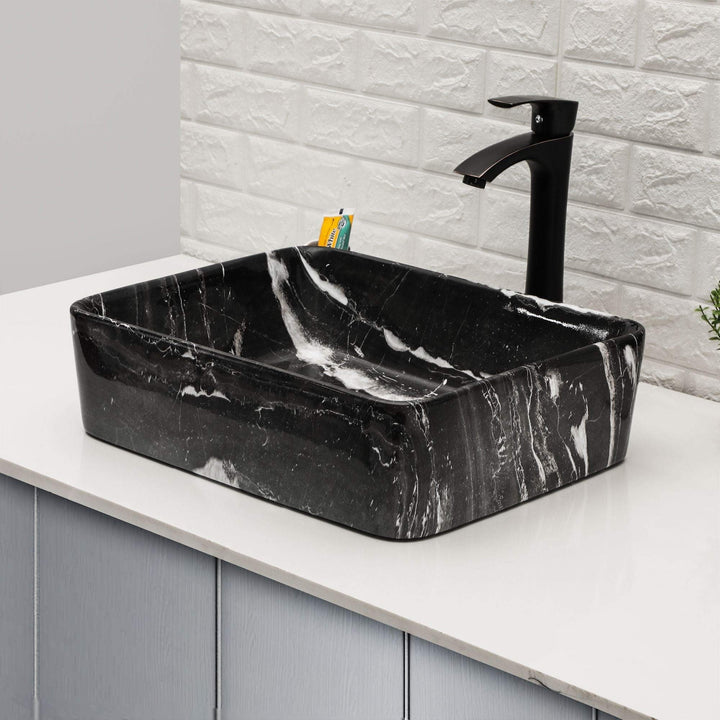 19"x15" Rectangular Marble Ceramic Bathroom Vessel Sink Art Basin Black