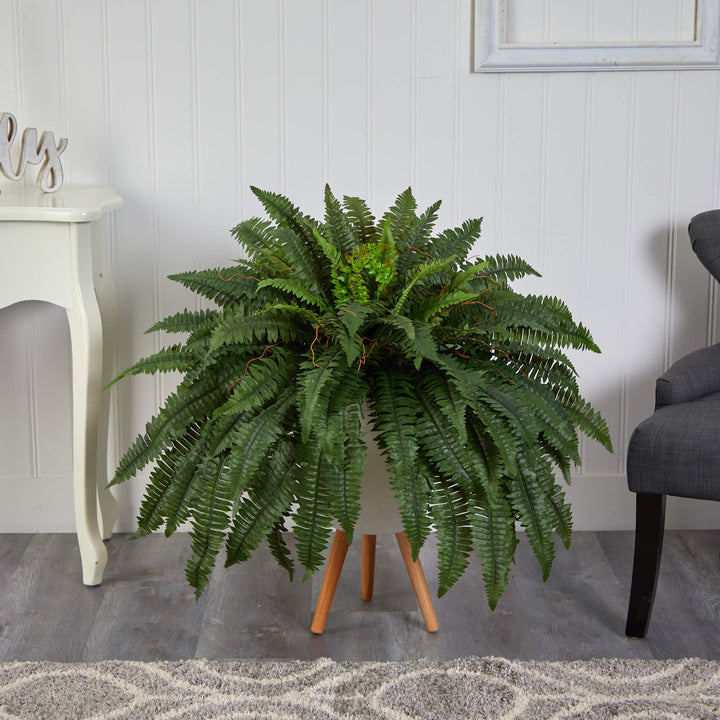 Nearly Natural 2.5ft. Boston Fern Artificial Plant in White Planter with Legs