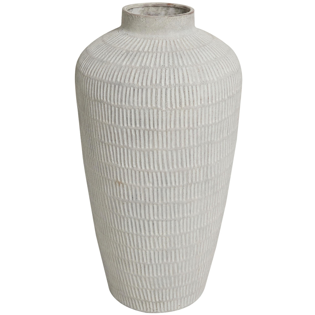 Cream Ceramic Textured Vase with Linear Pattern Off/White