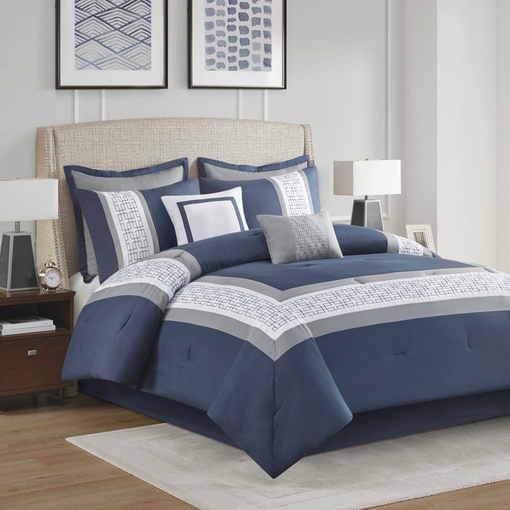 510 DESIGN Powell Cozy Comforter Set Hotel Style Border Design with Geometric Navy - California King