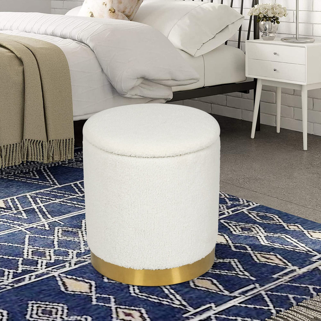 Velvet Round Storage Stool Gold Plating Base Ottoman White Solid asual Modern